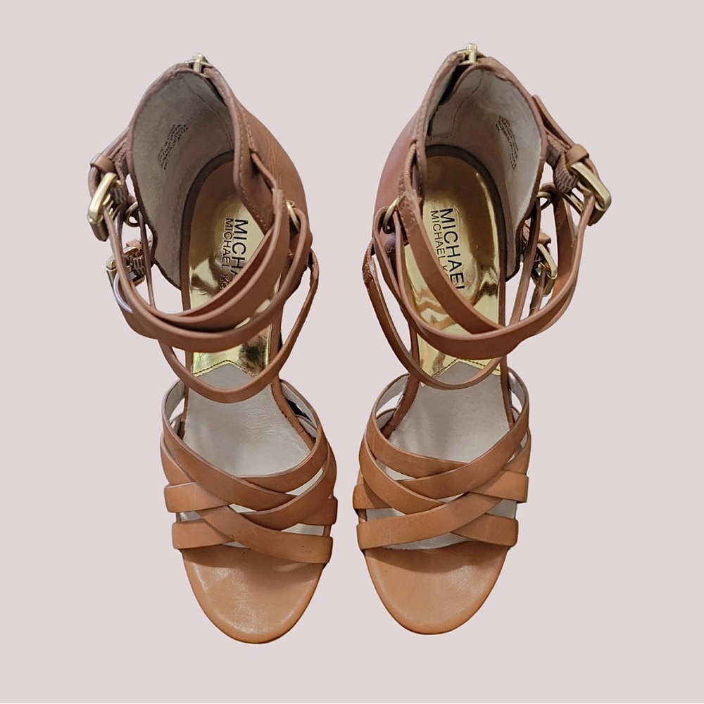Michael Kors Leonia Luggage Heels with Gold Buckles
